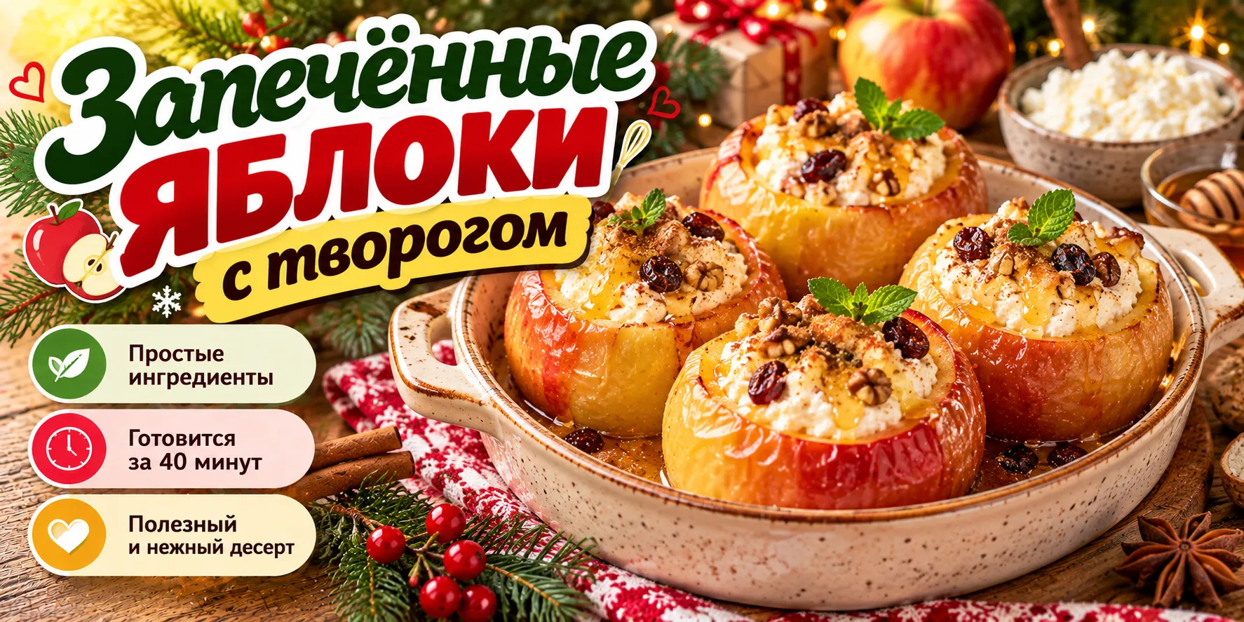 Запечённые яблоки с творогом