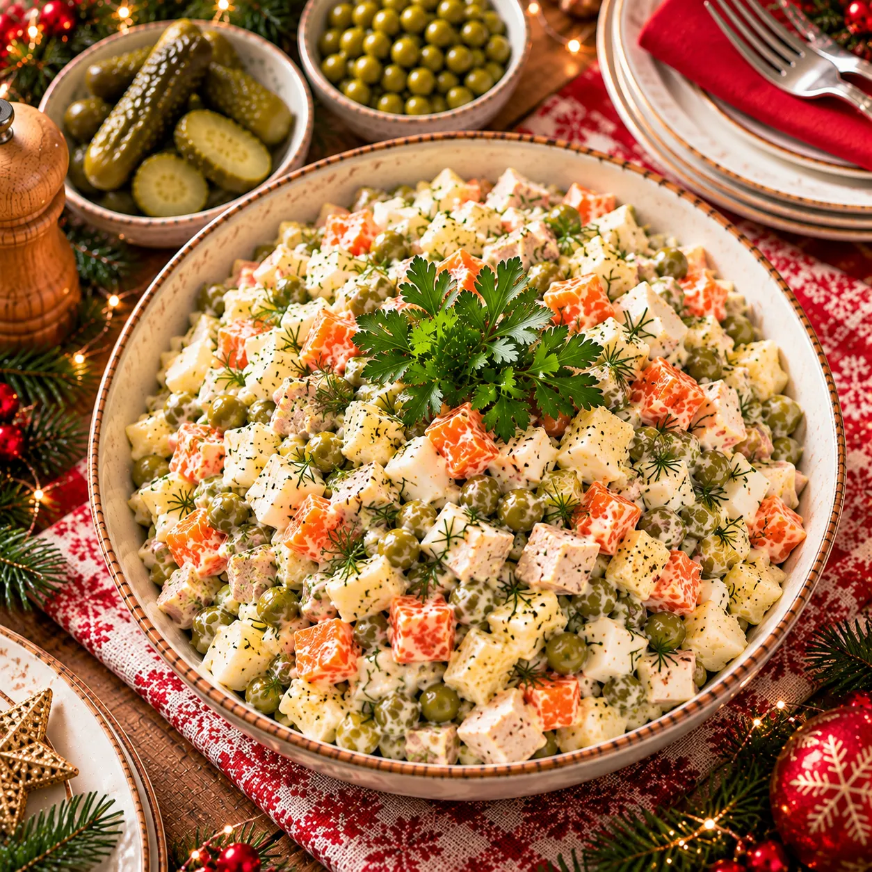 Оливье с курицей - рецепт, состав и приготовление по шагам