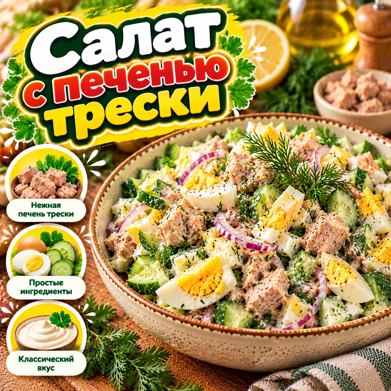 Салат с печенью трески - рецепт, состав и приготовление