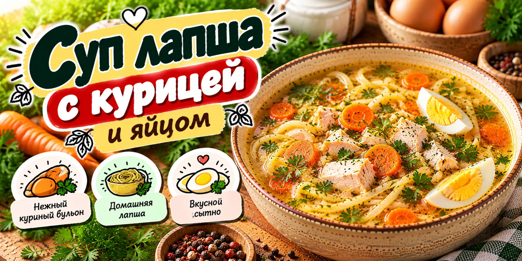 Суп лапша с курицей и яйцом