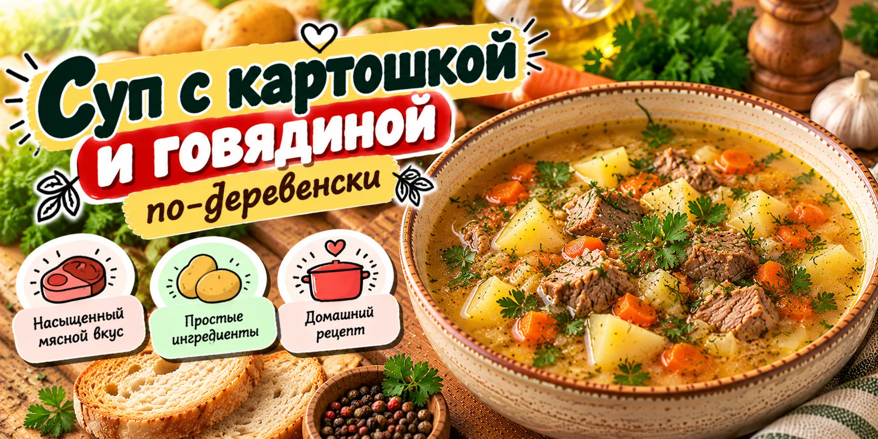 Суп с картошкой и говядиной по-деревенски