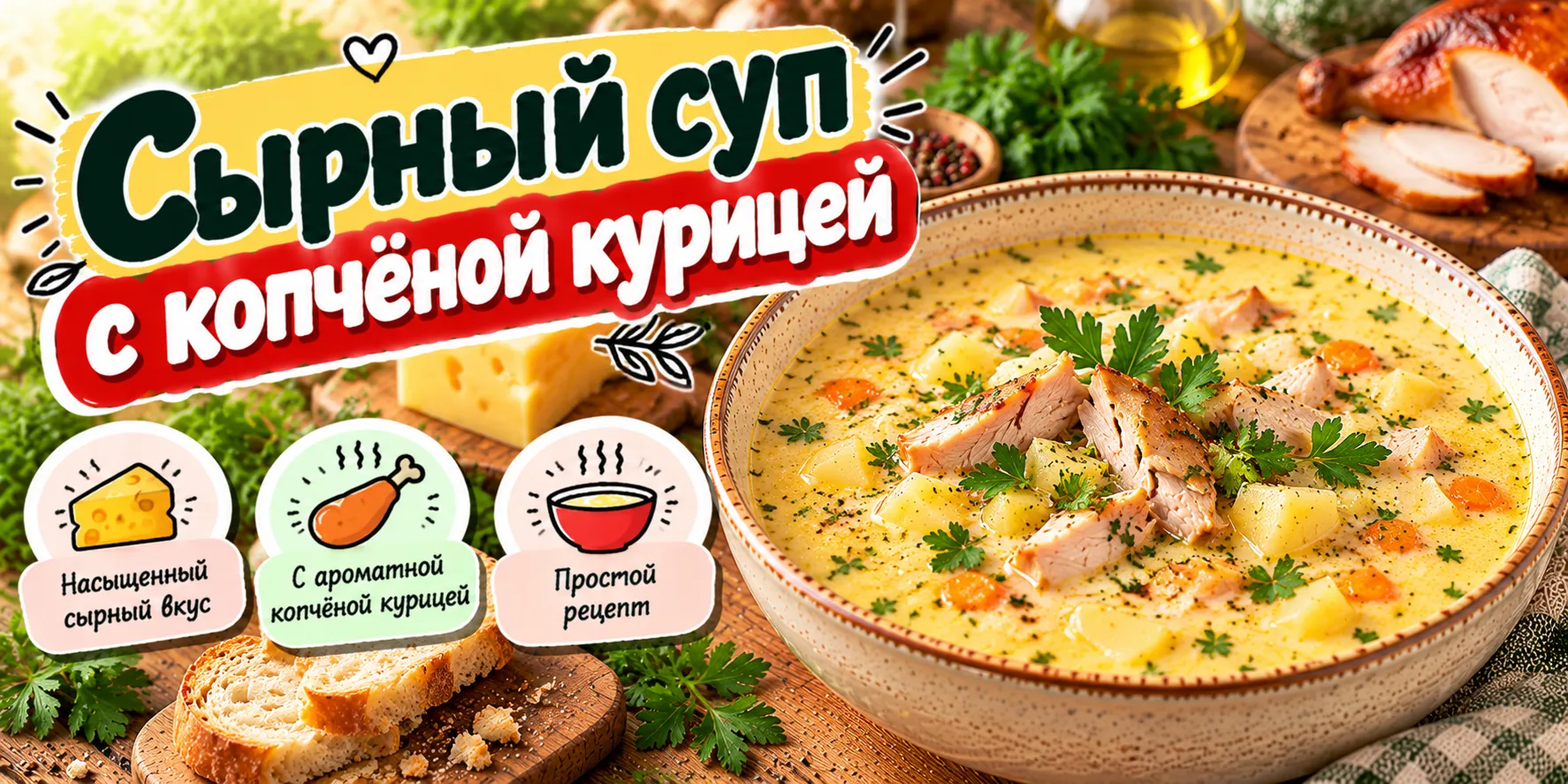 Сырный суп с копчёной курицей