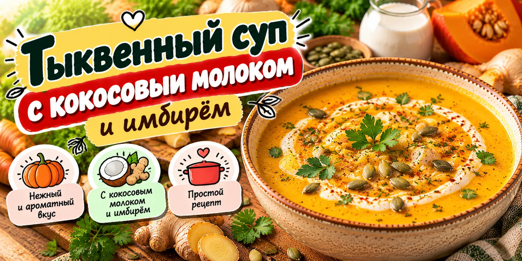 Тыквенный суп с кокосовым молоком и имбирём