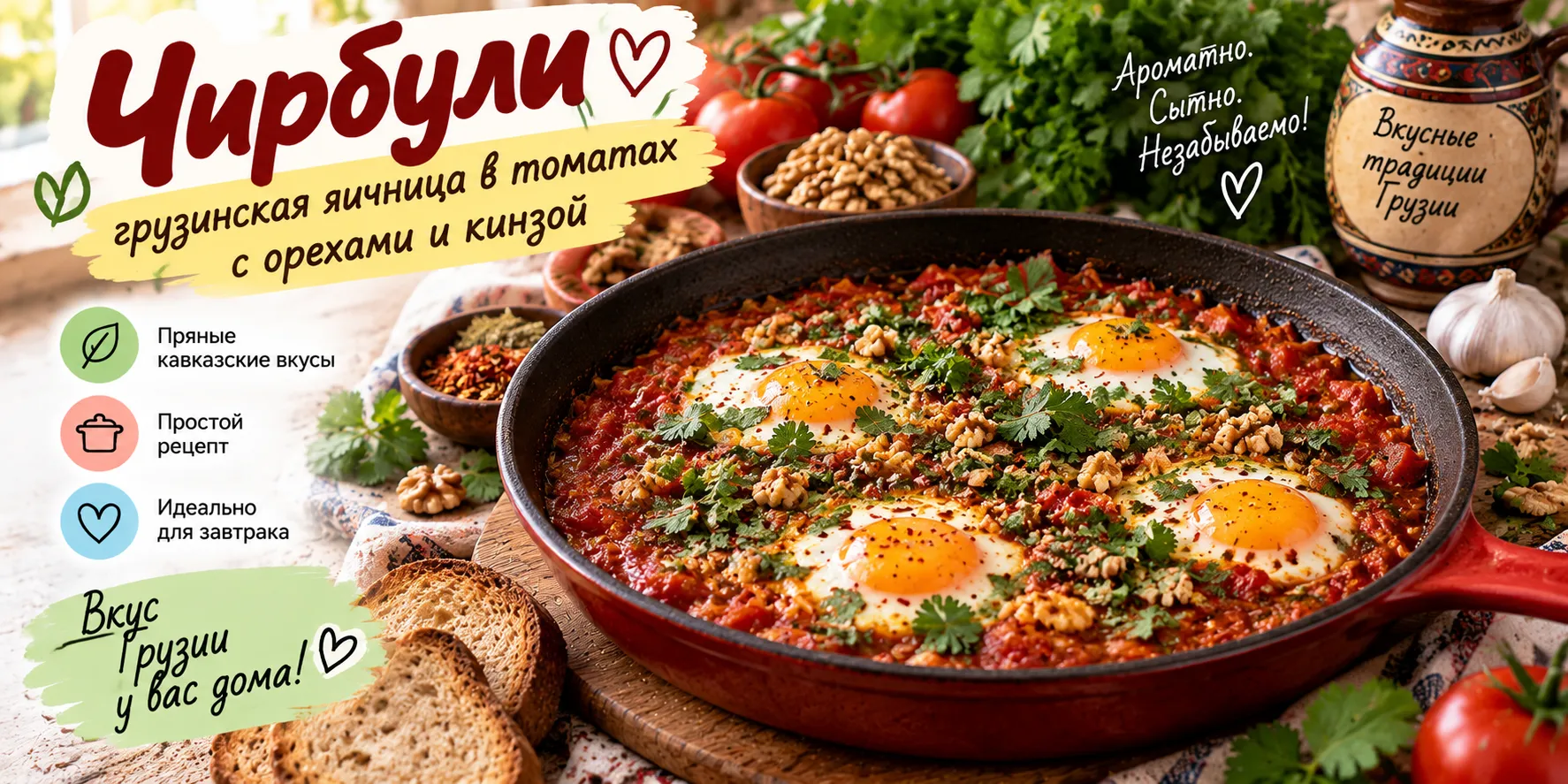 Чирбули – грузинская яичница с густым томатным соусом и орехами