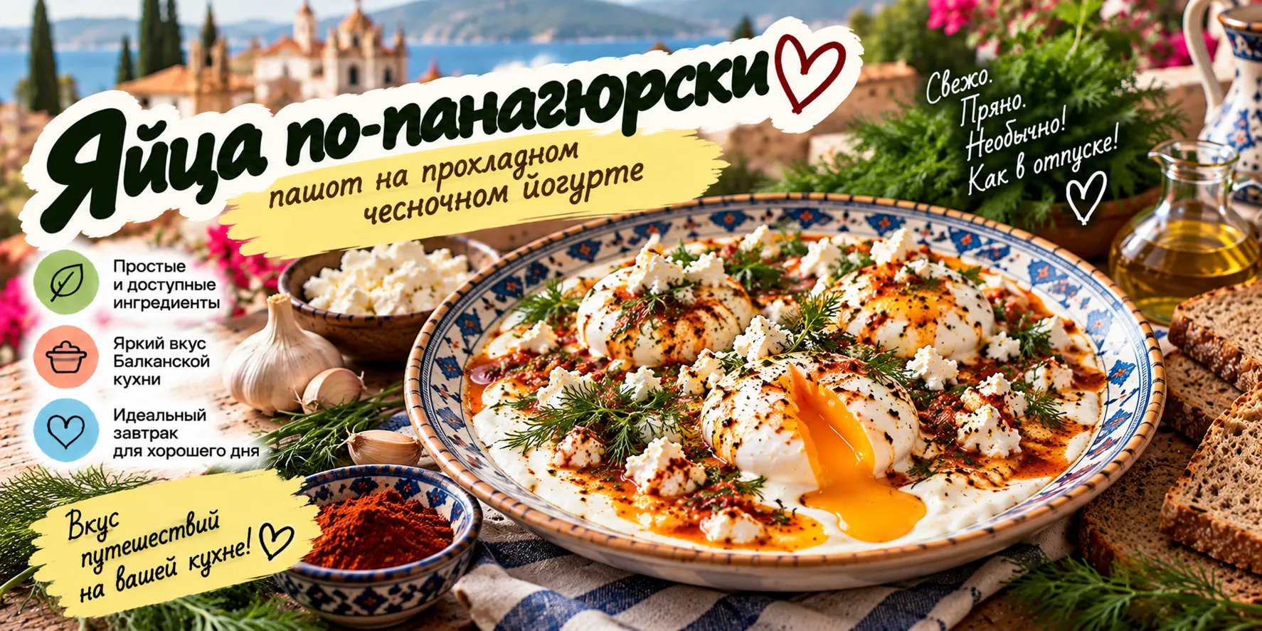 Яйца по-панагюрски - пашот на прохладном чесночном йогурте